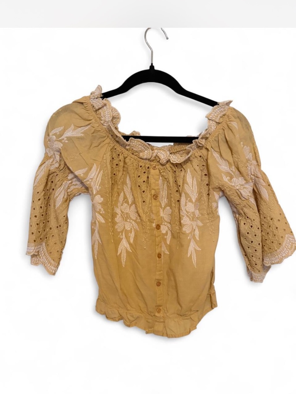 the clothing company Mustard Yellow Embroidered Peasant Blouse
